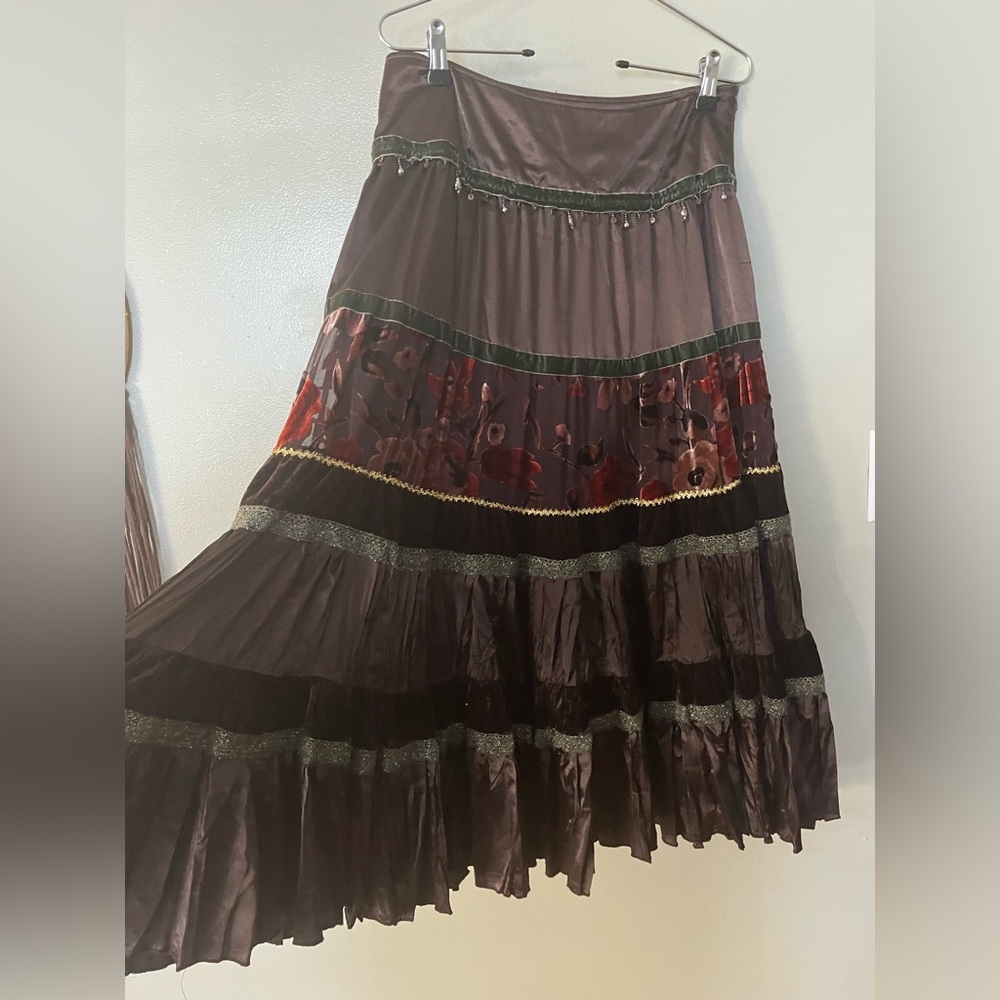 Lulumari Black and Red A-Line Skirt Tiered Velvet Burnout Gipsy Lined M